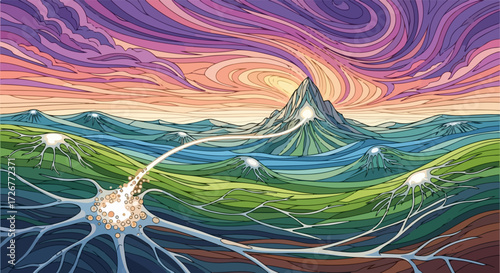 Surreal landscape features a unique peak, mountains, and vibrant sky. Surreal landscape displays bright colors, dreamy clouds, and unusual perspective. Use surreal landscape for artistic projects,