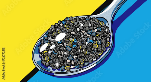Spoonful of chia seeds with colorful backdrop presents tiny black seeds packed in spoon. Chia seeds offer a powerful nutritional profile, delivering fiber and omega 3 fatty acids.