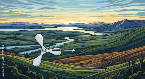 Environmental sustainability concept with airplane propeller floating above scenic valley at dusk. Environmental sustainability is vital for future.