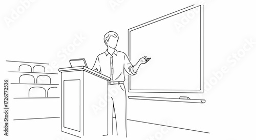 Presenter silhouette giving presentation near whiteboard in outlined drawing. Presenter silhouette delivers speech, engaging audience at seminar or educational lecture.