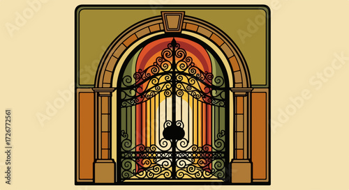 Decorative gate provides access in an architectural scene, its decorative gate in warm colours, offering passage with an ornate and symmetrical design.