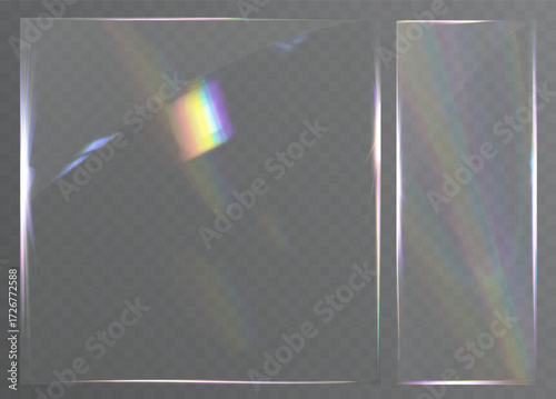 Transparent glass panels with rainbow light reflections and glossy glare isolated on background.