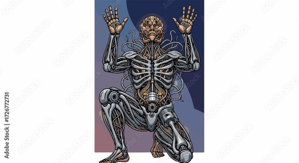 Obraz premium Cybernetic organism design with futuristic skeletal structure and robotic components. Cybernetic organism presents complex mechanical body with integrated wiring and artificial intelligence.
