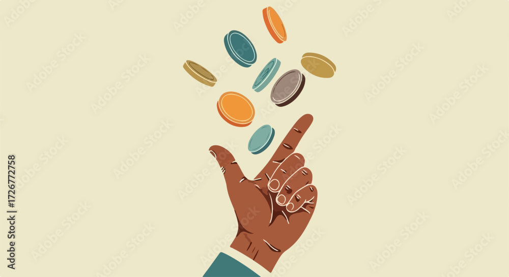Obraz premium Conceptual illustration of coin toss, depicting financial risk and chance. Coin toss shows an upwardly aimed hand releasing coins.