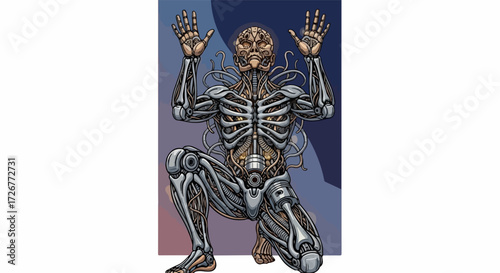Cybernetic organism design with futuristic skeletal structure and robotic components. Cybernetic organism presents complex mechanical body with integrated wiring and artificial intelligence.