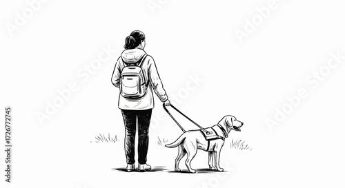 Assistance dog illustration depicts human companion with her Labrador Retriever. Assistance dog helping person with disability is a service animal, with guide dog leading.
