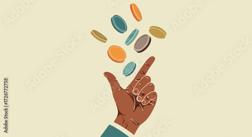 Conceptual illustration of coin toss, depicting financial risk and chance. Coin toss shows an upwardly aimed hand releasing coins.