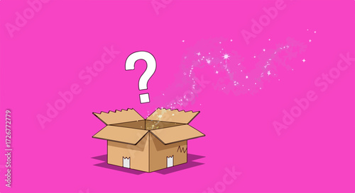 Mystery box surprise featuring open cardboard box with question mark and sparkles. Mystery box concept featuring light shining out of package, indicating surprise within, a great gift.