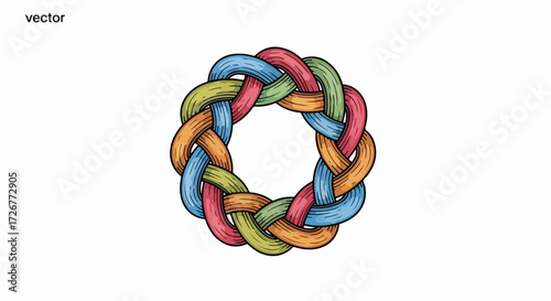 Hand drawn Celtic knot illustrated with intricate, interlaced design. Knot displays symmetry and vibrant colors with various interlocking elements, design representing Celtic traditions and culture.