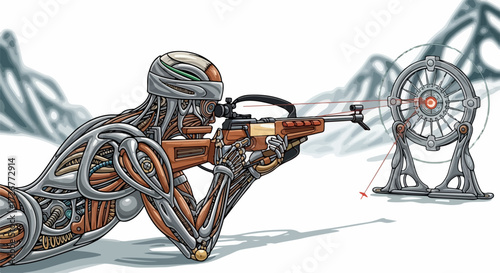 Biathlon athlete aiming rifle at target. Biathlon athlete performing in winter sports, demonstrating focus and determination in achieving precision aiming.