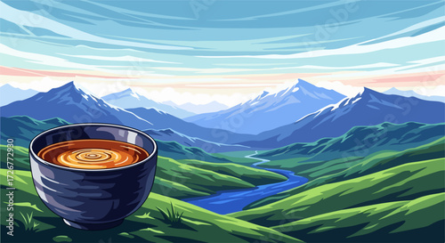 Nature background featuring a scenic landscape with cup of tea. Nature background shows green hills, mountains, and a river, with liquid inside dark cup.