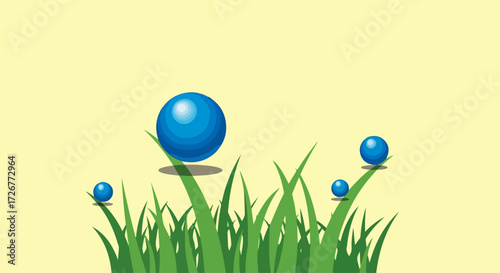 Blue spheres levitate above fresh grass against light yellow backdrop, creating a whimsical scene. Blue spheres of different sizes float over green blades of grass,