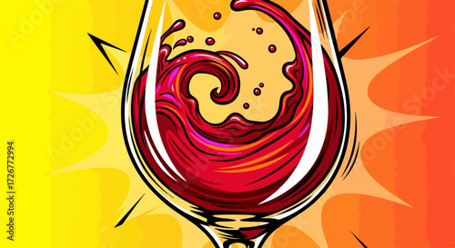 Wine splash in glass illustration, with a stylized splash of red wine inside. This wine splash illustration shows vibrant colors and dynamic movement,