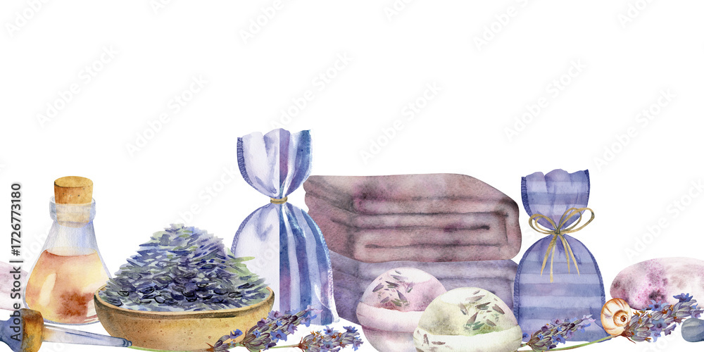 Naklejka premium Dried lavender seeds, lavandula essential oil, handmade beauty products, sachet bags towels. Isolated seamless banner illustration hand drawn in watercolor. Bath cosmetics label, skincare collection.