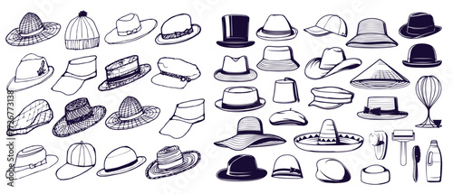 Summer Hats vintage collection for elegant men,woman, female and ladies. Fedora Derby Deerstalker Homburg Bowler Straw Beret Captain Cowboy Porkpie Boater. Retro fashion set. English style. Hand drawn