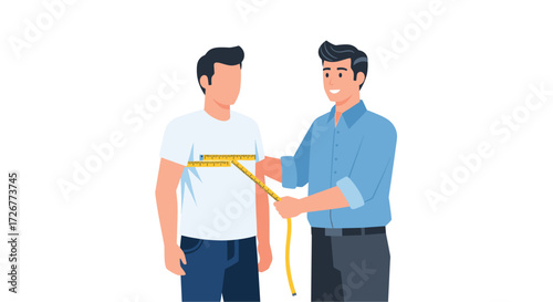 Professional Tailor Measuring a Client's Chest for a Custom Suit Fitting, Showcasing Expertise and Customer Service in a Tailoring Establishment, Isolated Background.