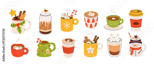 Christmas and Happy New Year set of drinks. Mugs and cups of hot coffee, punch, cacao with whipped cream, marshmallow and candy cane. Greeting card for Xmas, New year or winter holidays design.
