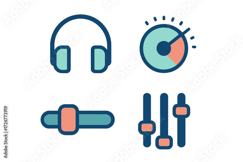 Digital audio interface icons including headphones, a sound level dial, and multiple mixer faders for music production