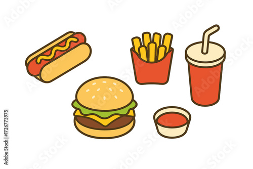 Classic fast food meal set including a delicious hamburger, hot dog, crispy french fries, refreshing soda drink, and a small cup of ketchup