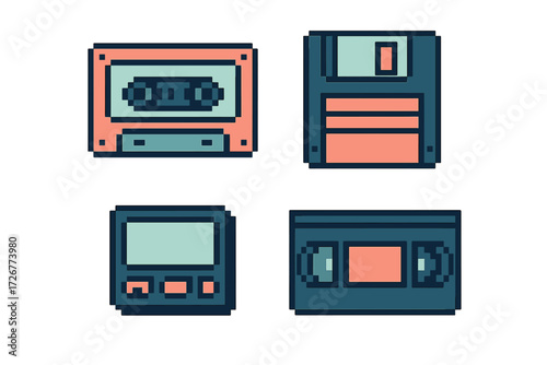 Collection of retro pixel art icons featuring vintage audio cassette, floppy disk, portable game console, and VHS tape