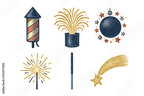 Festive celebration elements with various fireworks, sparklers, and decorative stars for holidays and events