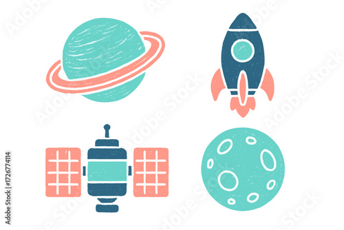 Collection of colorful space exploration elements including a ringed planet, launching rocket, orbiting satellite, and cratered moon in a playful design