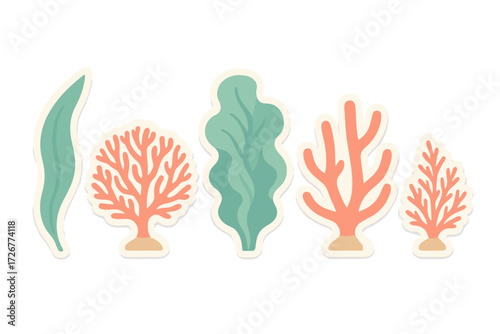 Vibrant collection of stylized underwater coral and seaweed plants with clean graphic shapes and soft shadows on white