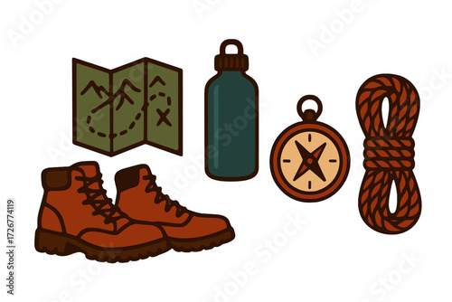 Essential hiking and outdoor adventure equipment including map, compass, boots, rope, and water bottle