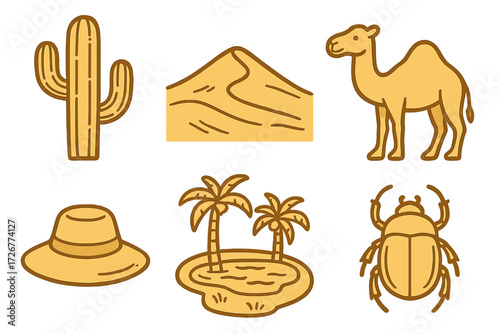 Desert and tropical travel icons set with camel, cactus, palm trees, sand dune, hat, and scarab beetle