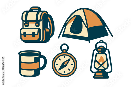 Outdoor adventure camping gear set with backpack tent compass mug and lantern for wilderness exploration