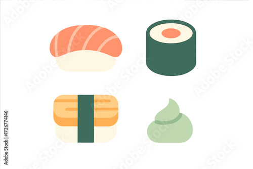 Traditional Japanese sushi selection featuring salmon nigiri, maki roll, tamago, and spicy wasabi paste on a plate