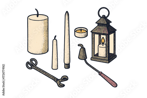 Various types of candles including pillar, taper, and tea light, with a classic lantern and essential candle care tools like wick trimmers and snuffers