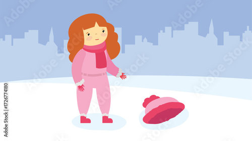 Little girl playing in the snow. Vector illustration in flat style.