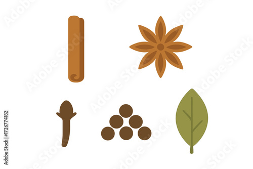 Collection of aromatic cooking spices and dried herbs including cinnamon, star anise, cloves, peppercorns, and bay leaf