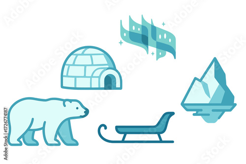 Arctic winter elements collection featuring polar bear, igloo, aurora borealis, traditional sled, and floating iceberg