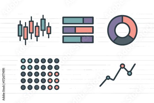 Financial market analysis and statistical information display elements including various charts and graphs for business data visualization
