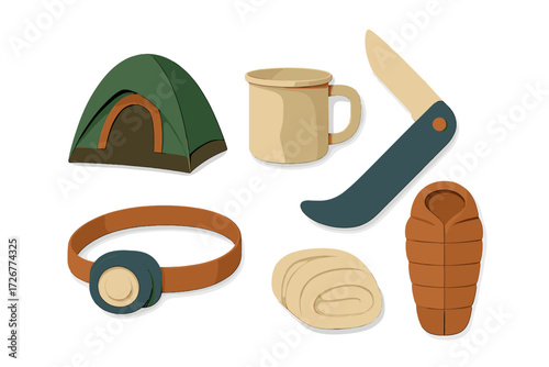 Essential camping equipment set for outdoor adventure and wilderness exploration activities including tent, sleeping bag, headlamp, and knife