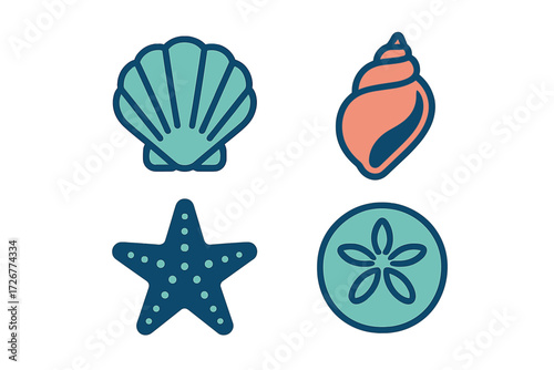 Bright and colorful collection of ocean life symbols featuring various sea shells, starfish, and sand dollar elements for summer designs