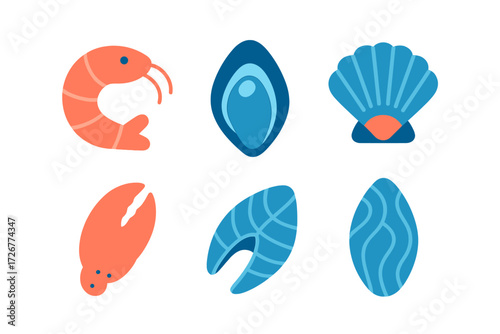 Stylized flat design set of fresh seafood items including shrimp, mussel, scallop, crab claw, and fish
