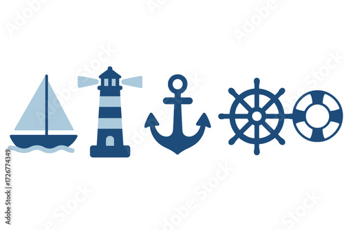 Set of essential nautical elements like sailboat lighthouse anchor ship wheel and lifebuoy for maritime design