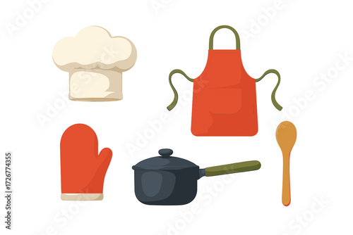Essential kitchen accessories collection with chef's hat, apron, oven mitt, saucepan, and wooden spoon for culinary activities