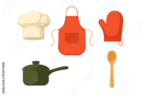 Collection of essential kitchen accessories for cooking and baking including chef hat apron pot spoon oven mitt