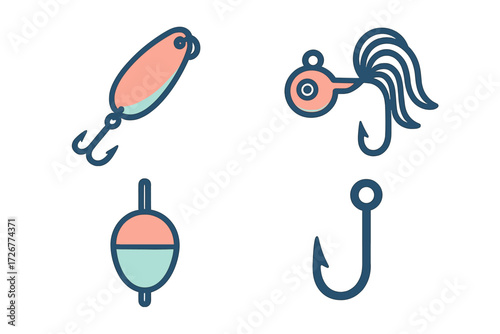 Essential fishing accessories for recreational angling including a spoon lure, jig, bobber, and hook