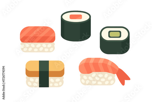 Variety of popular Japanese sushi and maki pieces featuring salmon, shrimp, and tamago nigiri on rice