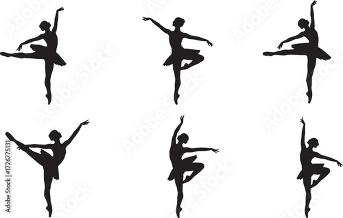 Ballet dancer silhouette set, graceful poses, elegant movement, black vector art, dance posture, flexibility, classical performance, artistic illustration, female dancer shapes