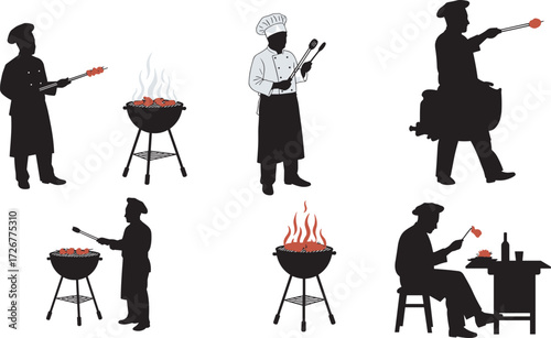 Chef grilling illustration set, barbecue scene, food preparation, eating moment, red accent art, cooking action, kitchen tools, restaurant vector, culinary design