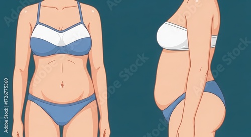 Woman showing before and after belly fat or weight loss. Healthy lifestyle and fitness result concept.