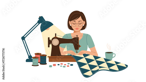 Young Woman Sewing Quilt with Vintage Machine Under Warm Lamp Light, Relaxing Hobby with Coffee, Buttons, and Threads Illustration