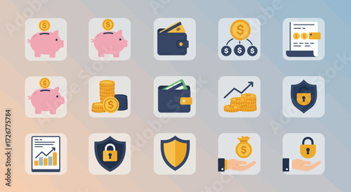 This flat design vector icon set represents key concepts of financial security, savings, and investment management with a clean and modern aesthetic. Ideal for banking apps, financial reports.