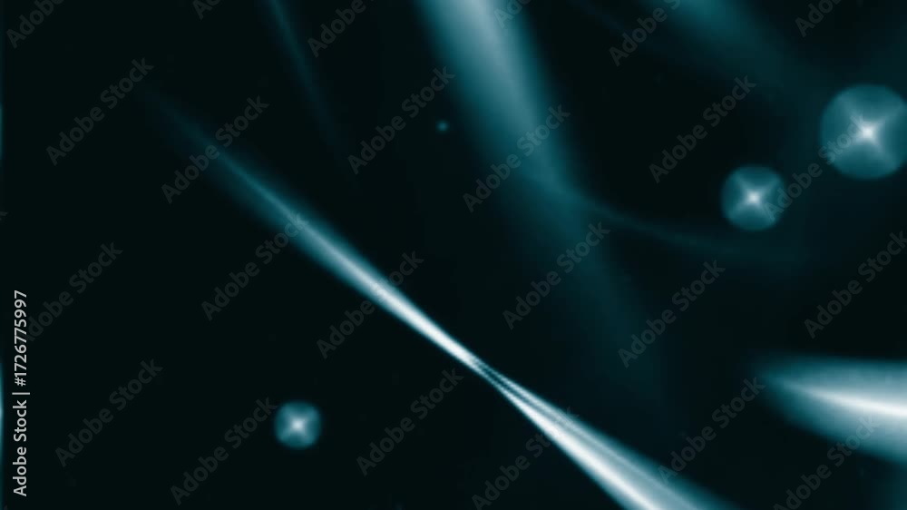 Ethereal abstract background featuring flowing cyan light trails and glowing spherical particles against a dark, futuristic backdrop 4K